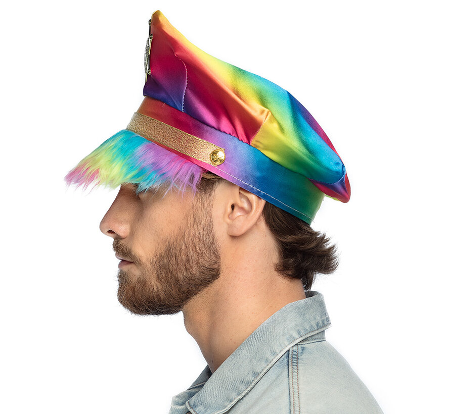 Rainbow Sheriff cap - Rainbow police cap with fluffy hood