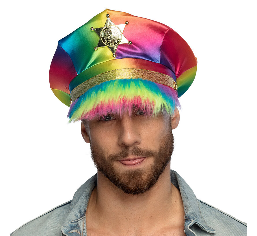 Rainbow Sheriff cap - Rainbow police cap with fluffy hood