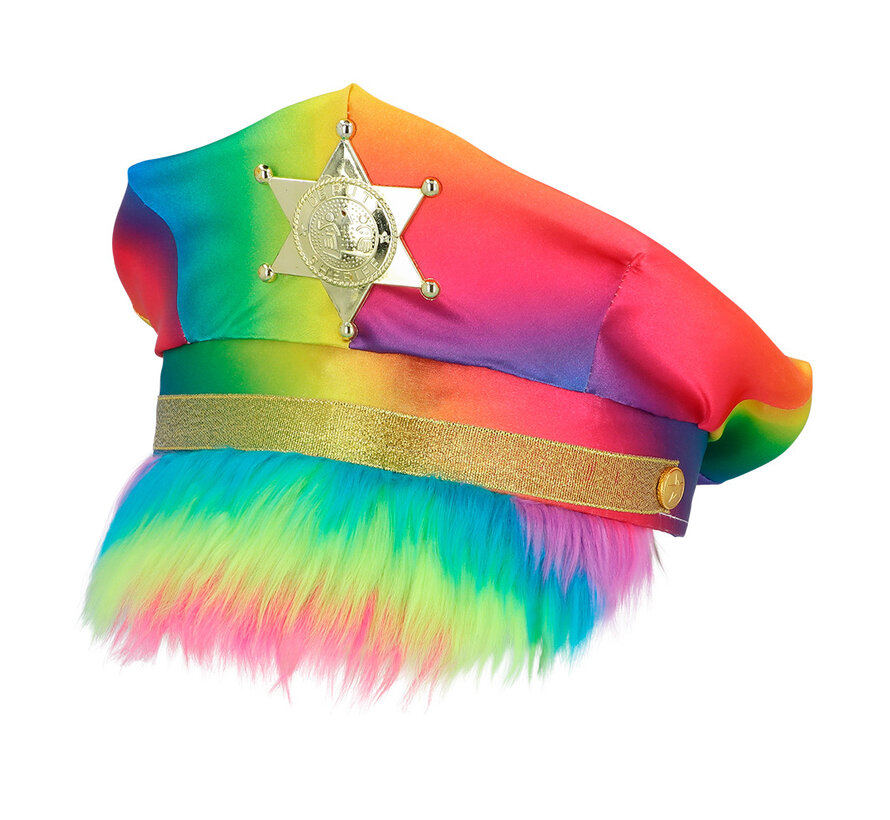 Regenboog Sheriff pet - Regenboog politiepet met fluffy kap