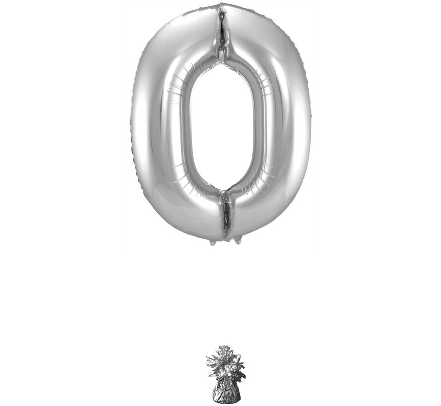 Foil Balloon Shaped Number 0 Silver (86 cm) - Number foil balloon