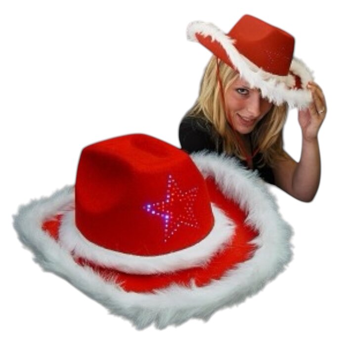 Santa Magix Kerst cowboyhoed rood met bontrand en lichtgevende LED ster - Rode cowboyhoed met LED