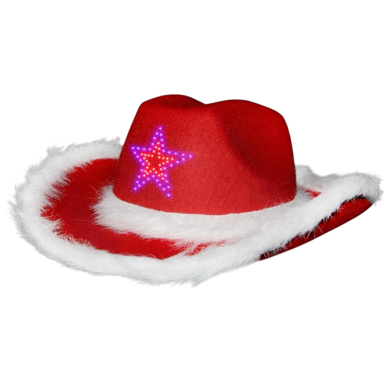 Santa Magix Christmas cowboy hat red with fur brim and light-up LED star - Red cowboy hat with LED
