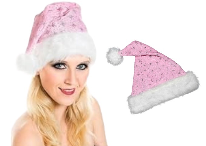 Santa Magix Pink Santa Hat with a plush brim and glitter - Beautiful pink Santa Hat for adults