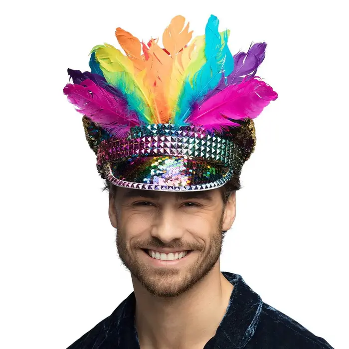 Boland Casquette à Paillettes Arc-en-Ciel avec Plumes – L’Accessoire de Fête Incontournable