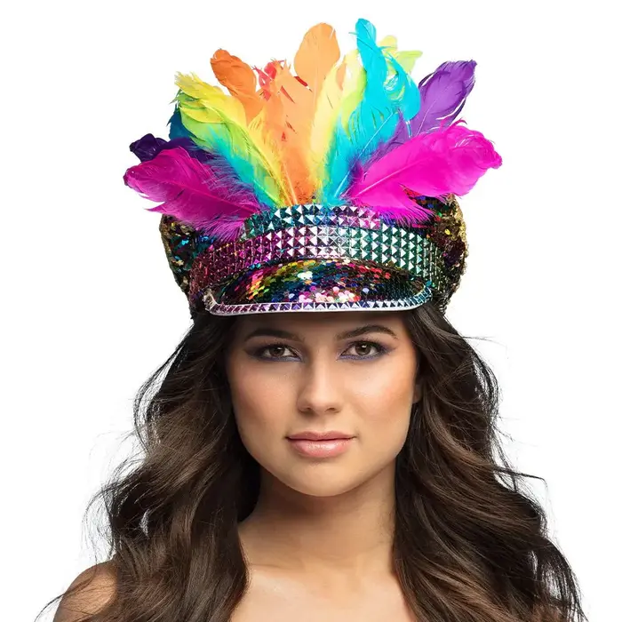 Boland Rainbow Sequin Cap with Feathers – The Ultimate Party Head-Turner