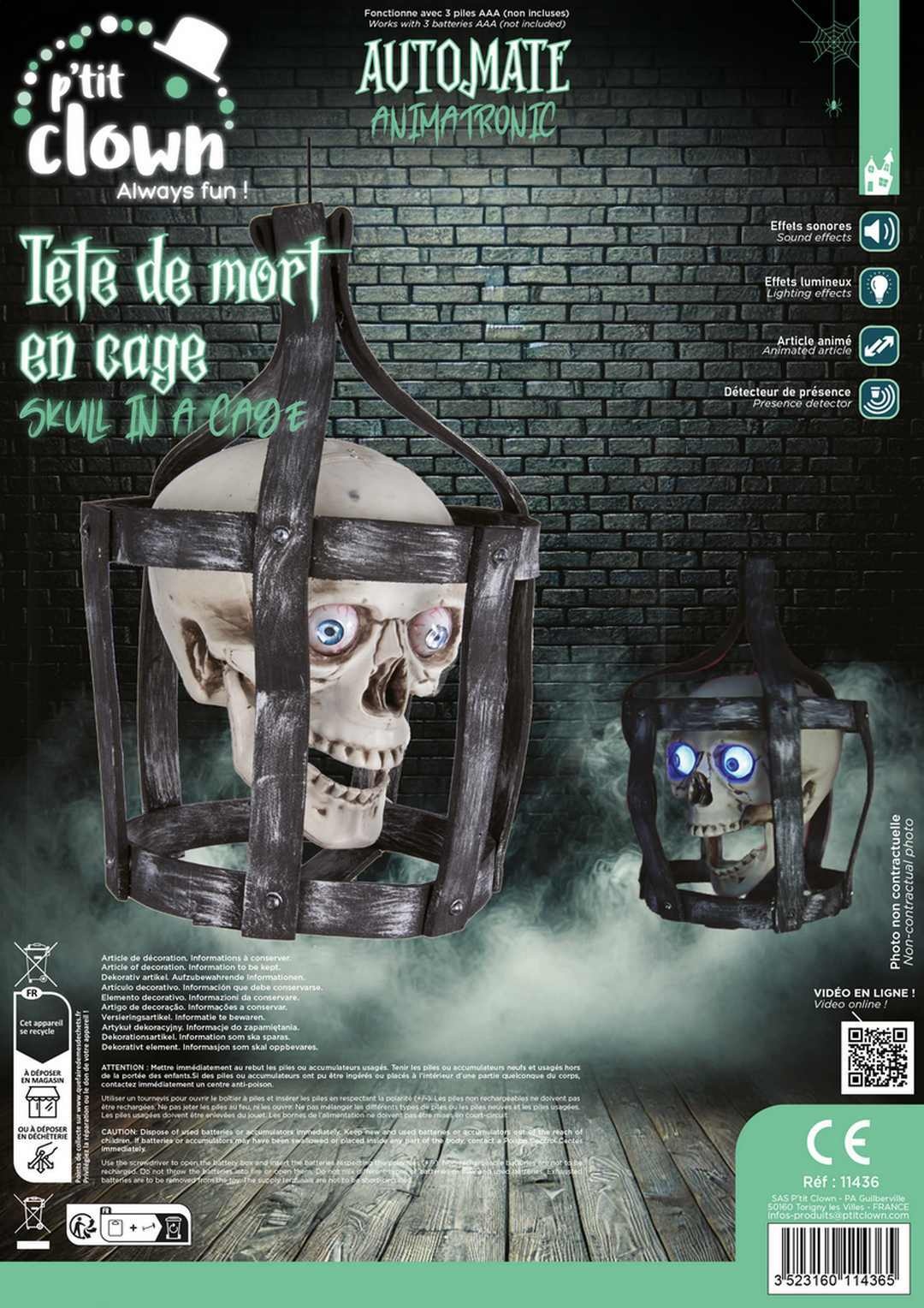 Ptit Clown Skull in Cage – Animated with Sound and Light – 44 cm