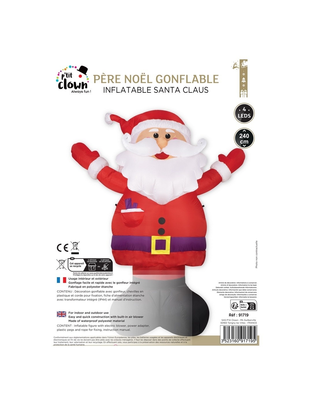 Ptit Clown Père Noël Gonflable 240 cm – Lumineux – Intérieur & Extérieur