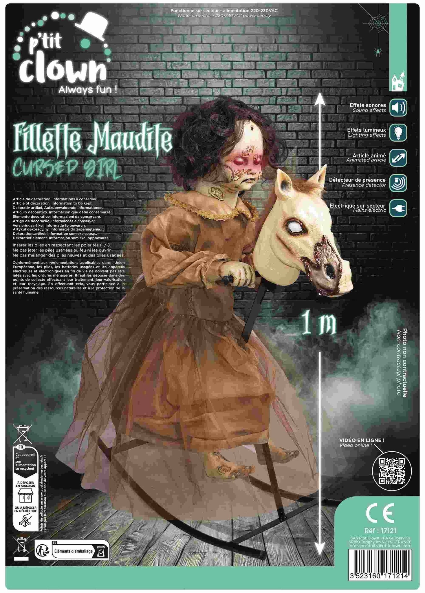 Ptit Clown Cursed Girl on Rocking Horse – Animated with Sound & Light – 100 cm