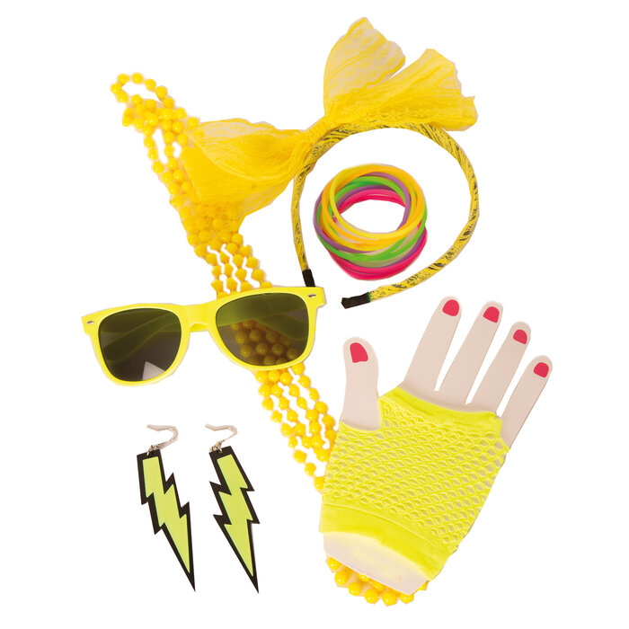 Partyline Set Accessoires Femme Néon Jaune – Lunettes, Serre‑tête, Boucles, Collier & Gants – Festival