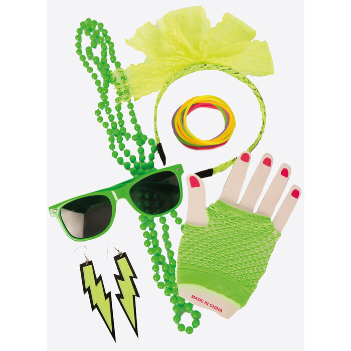 Partyline Neon Green Women’s Accessory Set– Glasses, Headband, Earrings, Necklace & Gloves – Festival