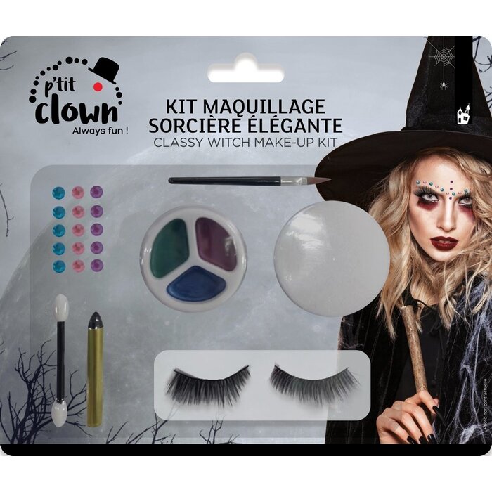 Ptit Clown Halloween Make‑Up Kit Pretty Witch — 3 Oogschaduws, Strass‑steentjes, Oogpotlood, Make‑upspons, Foam Applicator, Valse Wimpers, Make‑upkwast