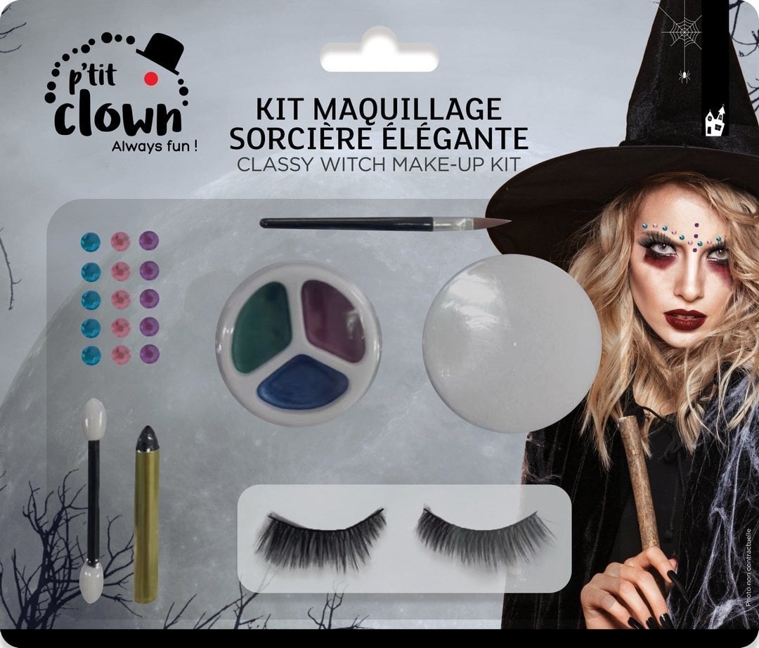 Ptit Clown Kit Maquillage Halloween Pretty Witch — 3 Fards, Strass, Crayon, Éponge, Applicateur Mousse, Faux Cils, Pinceau