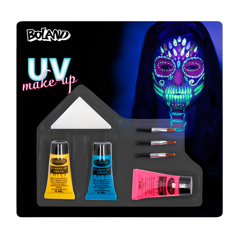 Boland Set Maquillage Bright Skull UV – 3 Couleurs – Maquillage Glow pour Halloween & Day of the Dead