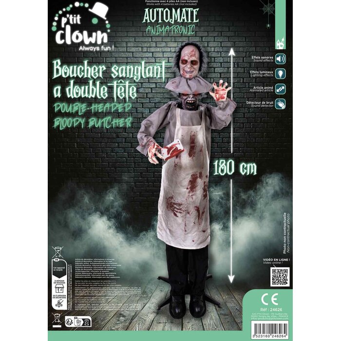 Ptit Clown Dubbelkoppige Animatronic Slager 180 cm – Licht & Geluid – Halloween Decor