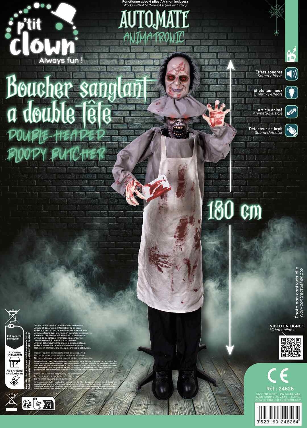 Ptit Clown Boucher Animatronique Double Tête 180 cm – Lumière & Son – Décor Halloween