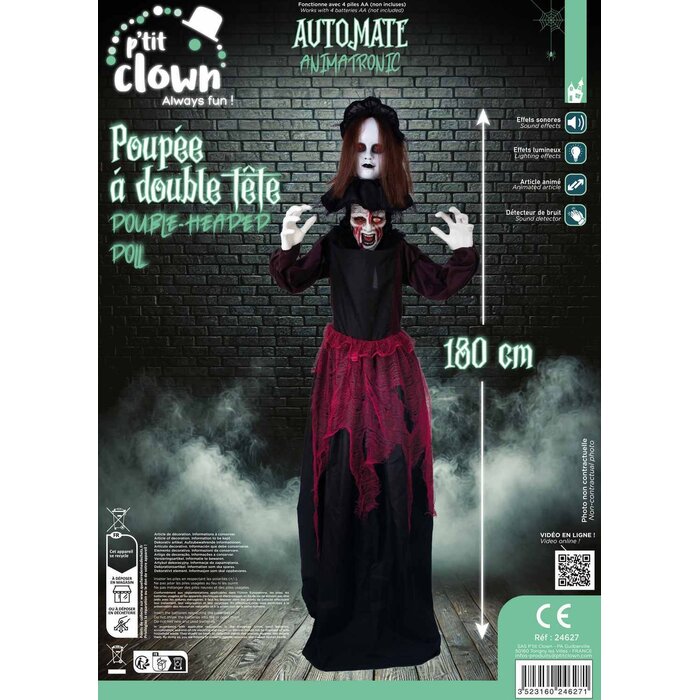 Ptit Clown Poupée Animatronique Double Tête 180 cm – Lumière & Son – Décor Halloween