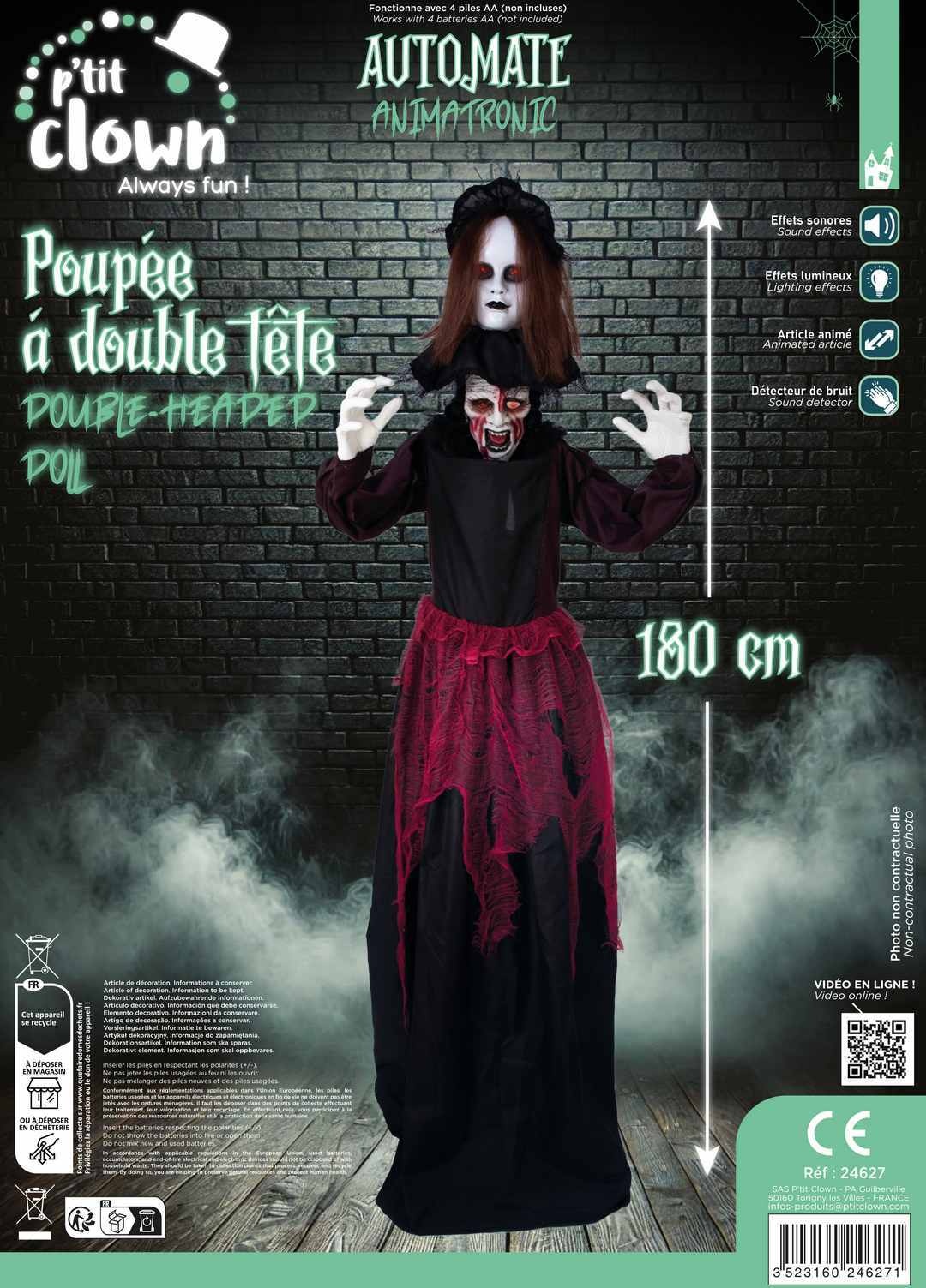 Ptit Clown Poupée Animatronique Double Tête 180 cm – Lumière & Son – Décor Halloween