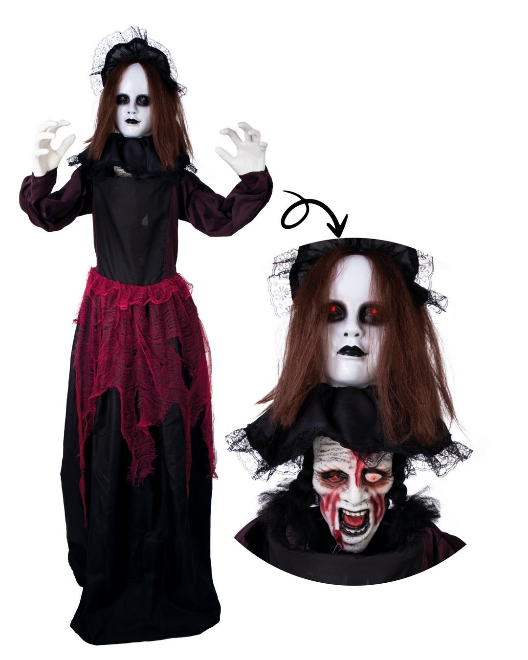 Ptit Clown Poupée Animatronique Double Tête 180 cm – Lumière & Son – Décor Halloween