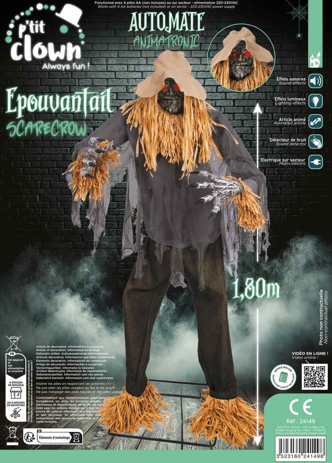 Ptit Clown Standing Scarecrow Animatronic 180 cm – Light & Sound – Halloween Prop
