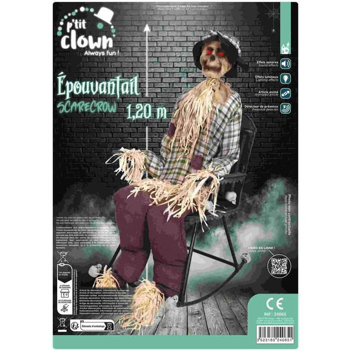 Ptit Clown Epouvantail Animatronique sur Chaise Berçante 120 cm – Lumière, Son & Capteur de Mouvement
