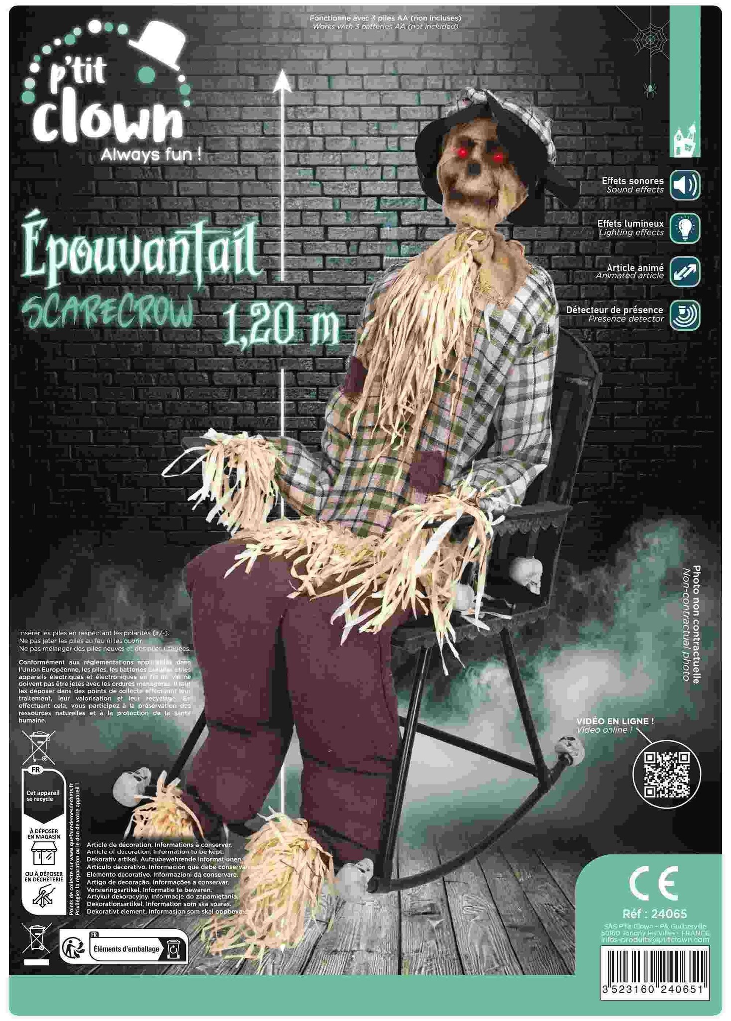 Ptit Clown Animatronic Vogelverschrikker op Schommelstoel 120 cm – Licht, Geluid & Bewegingssenso