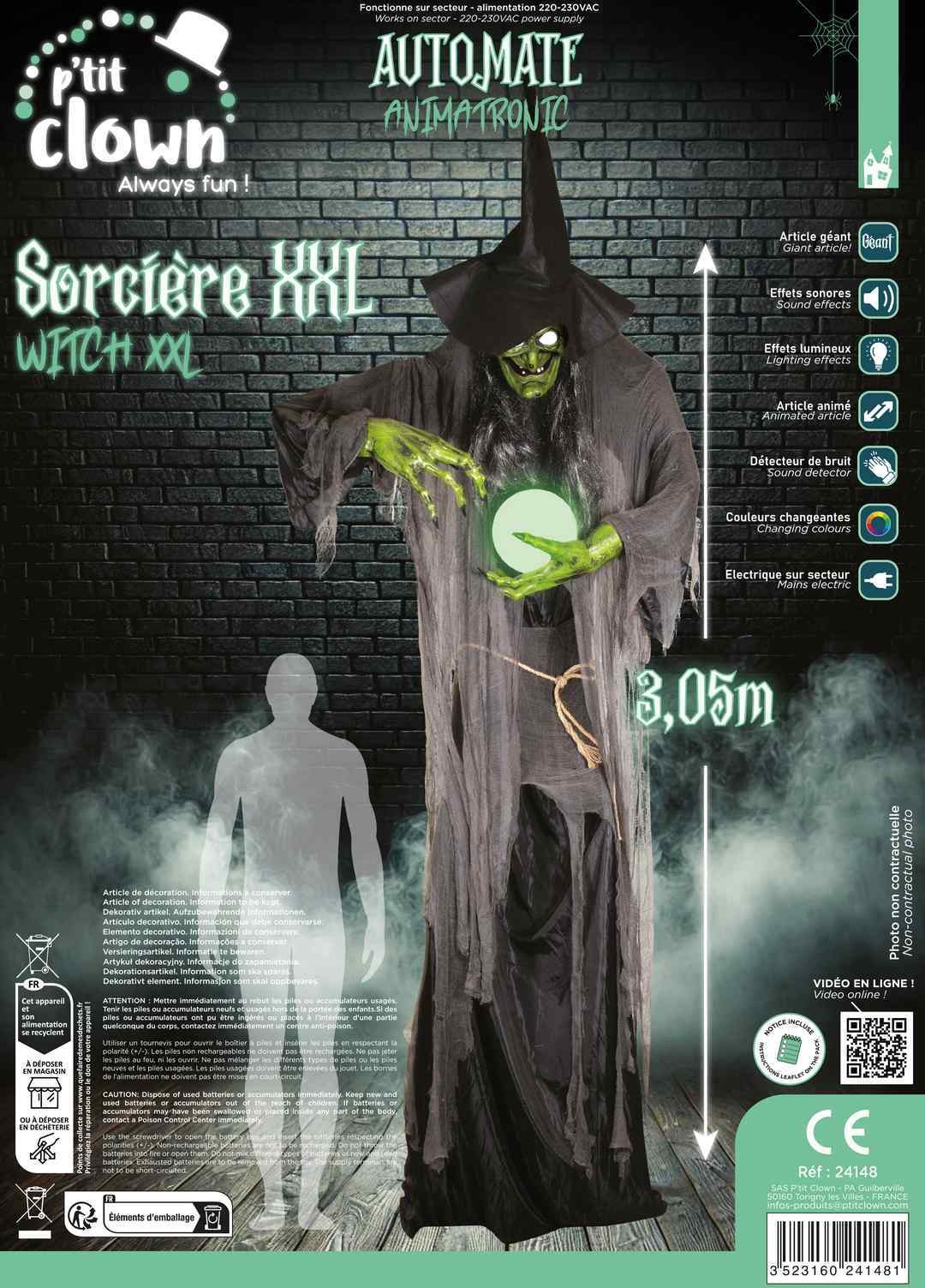 Ptit Clown Staande XXL Heks 305 cm – Animatronic – Licht & Bewegingssensor