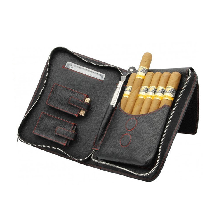 Adorini Zigarrentasche Leder Schwarz/Rot für 5–7 Zigarren mit Zusatzfächern
