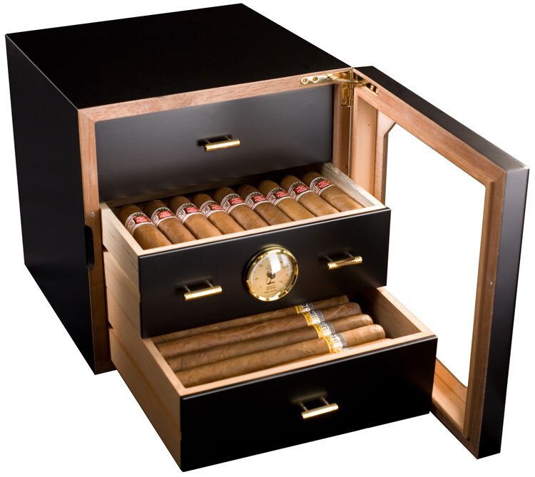 Adorini Humidor Cube Deluxe Schwarz rundum verglast für 100 Zigarren