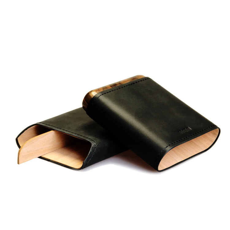 Adorini Zigarrenetui Echtleder Schwarz mit Holz für 3–5 Zigarren