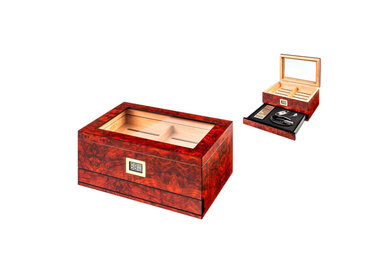 Angelo Humidor Set Wurzelholz Rotbraun Glasdeckel für 50 Zigarren