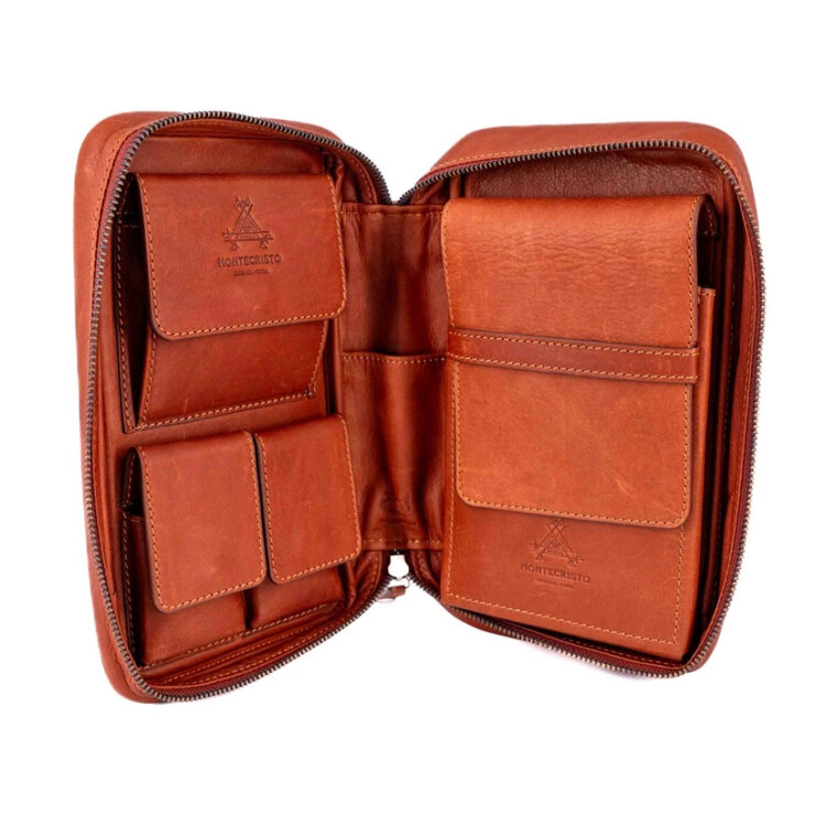 Montecristo  Zigarrenhalter aus Leder für 4 Zigarren mit Staufächern für weiteres Zigarrenzubehör