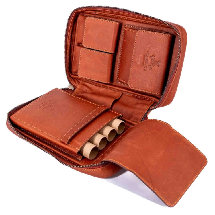 Montecristo  Zigarrenhalter aus Leder für 4 Zigarren mit Staufächern für weiteres Zigarrenzubehör