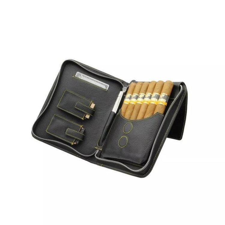 Adorini Zigarrenetui, Echtleder, schwarz, für 5-7 Churchill Zigarren - gelbe Nähte