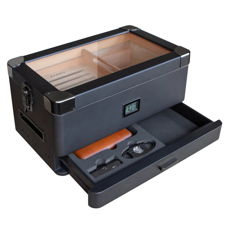 Klaro Military Humidor Black Edition mit Glasdeckel für 50–100 Zigarren