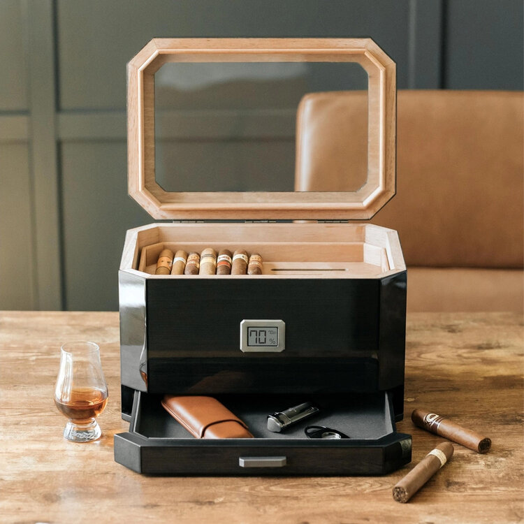Klaro Humidore  Octodor Humidor mit Glasplatte schwarz 100 Zigarren