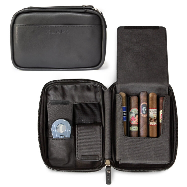 Klaro Humidore Schwarzes  Flint Reise-Lederzigarren Etui