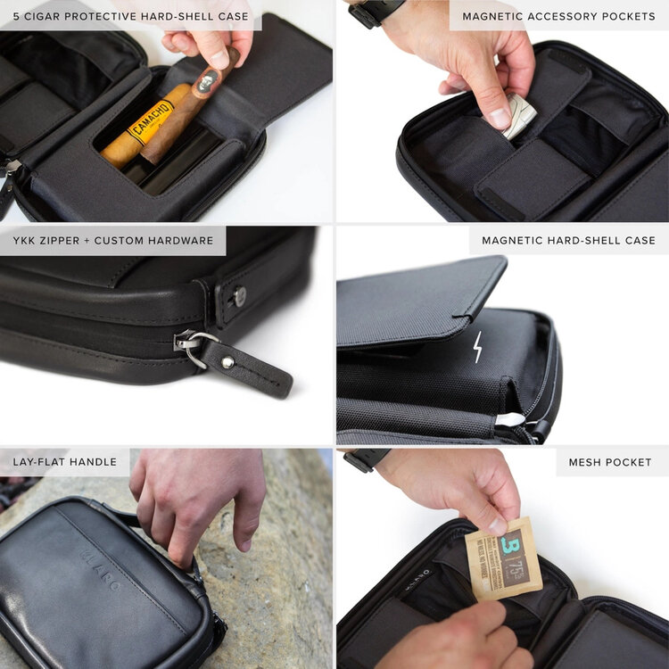 Klaro Humidore Schwarzes  Flint Reise-Lederzigarren Etui
