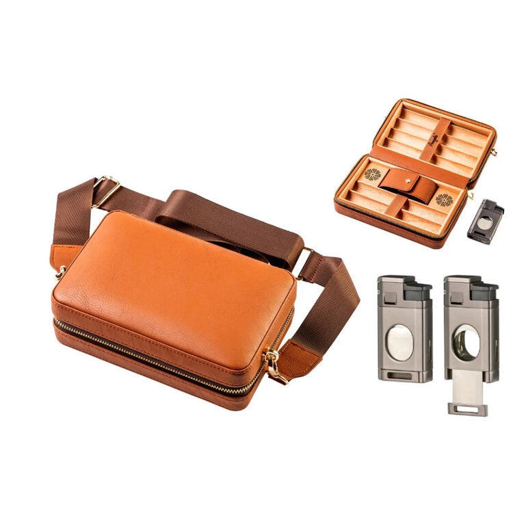 Angelo  Brown  Travel Humidor für 6 Zigarren mit Feuerzeug