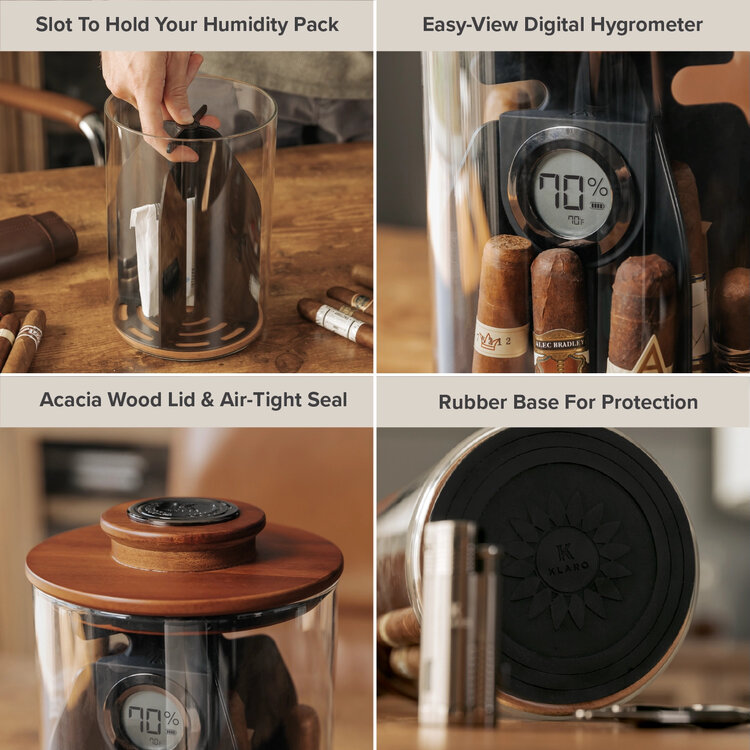 Klaro Cylindor Humidor, Glasgefäß und Deckel aus Akazienholz 25 Zigarren