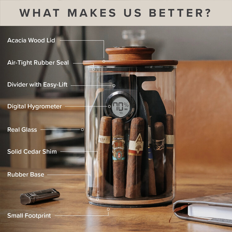 Klaro Cylindor Humidor, Glasgefäß und Deckel aus Akazienholz 25 Zigarren