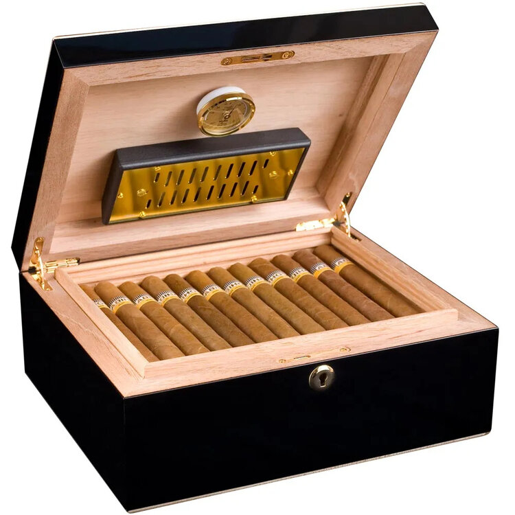Adorini Milan Medium Deluxe Humidor Schwarz Hochglanz mit Echtholzkante für 75 Zigarren