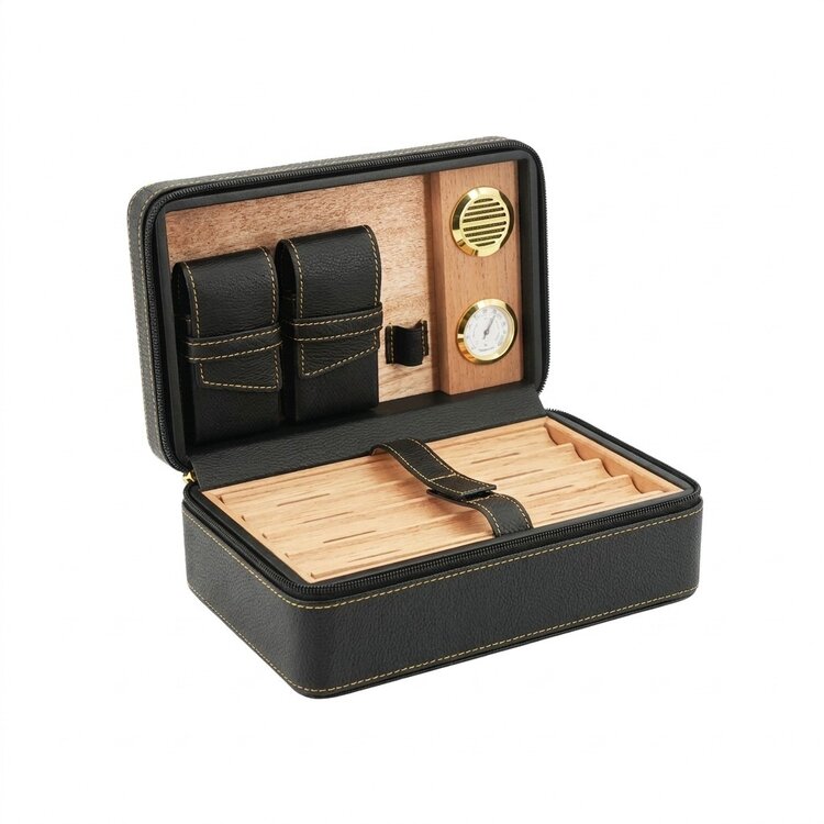 Guevara  Reisehumidor ZD017 Leder Schwarz mit Hygrometer
