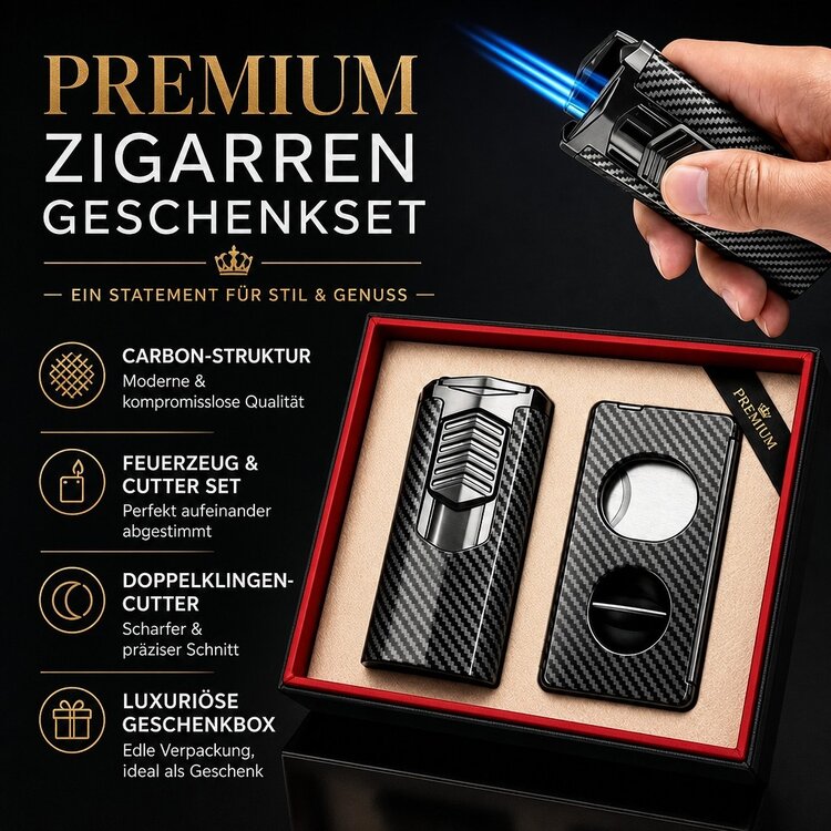 Guevara Zigarren-Geschenkset RAG-6263 Feuerzeug und Cutter Carbon Schwarz
