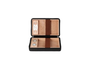 Angelo Reisehumidor Schwarz Rautenmuster für 5–10 Zigarren mit Hygrometer und Cutter