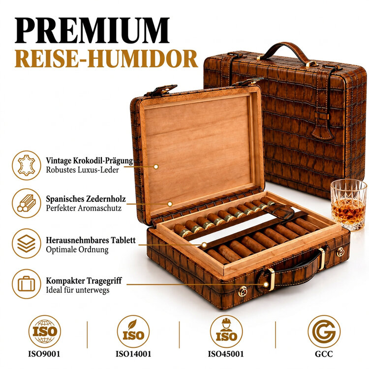Guevara  ZD012 Humidor-Koffer Kroko-Optik Braun für 18 Zigarren