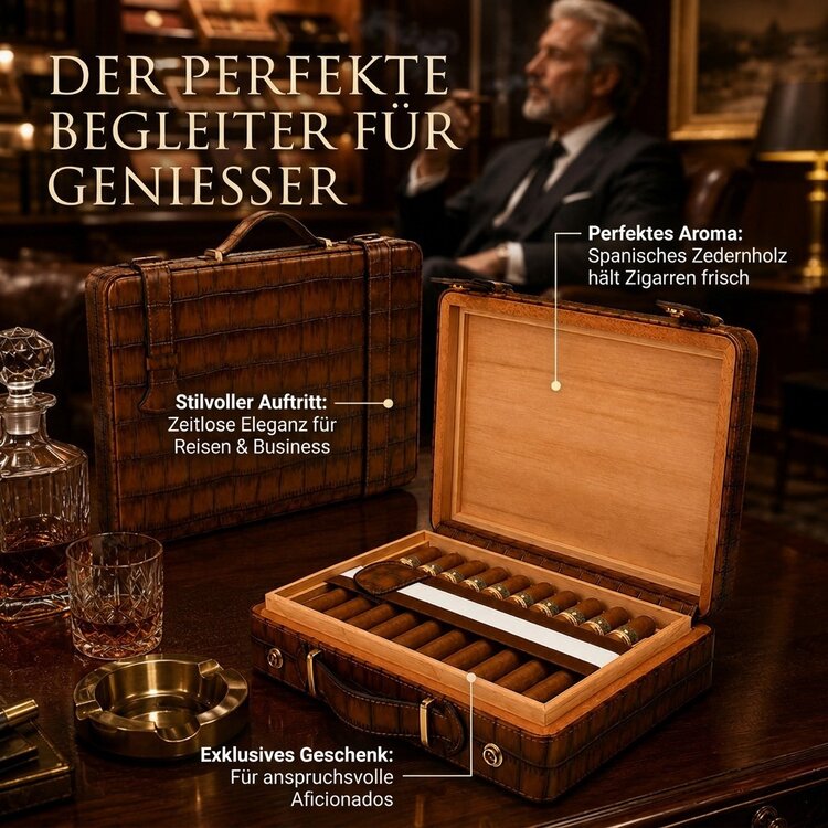 Guevara  ZD012 Humidor-Koffer Kroko-Optik Braun für 18 Zigarren