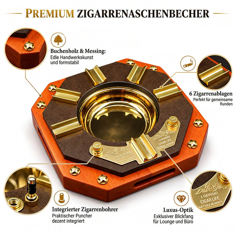 Guevara  RAG-2601 Luxus-Zigarrenaschenbecher mit Bohrer für 6 Zigarren