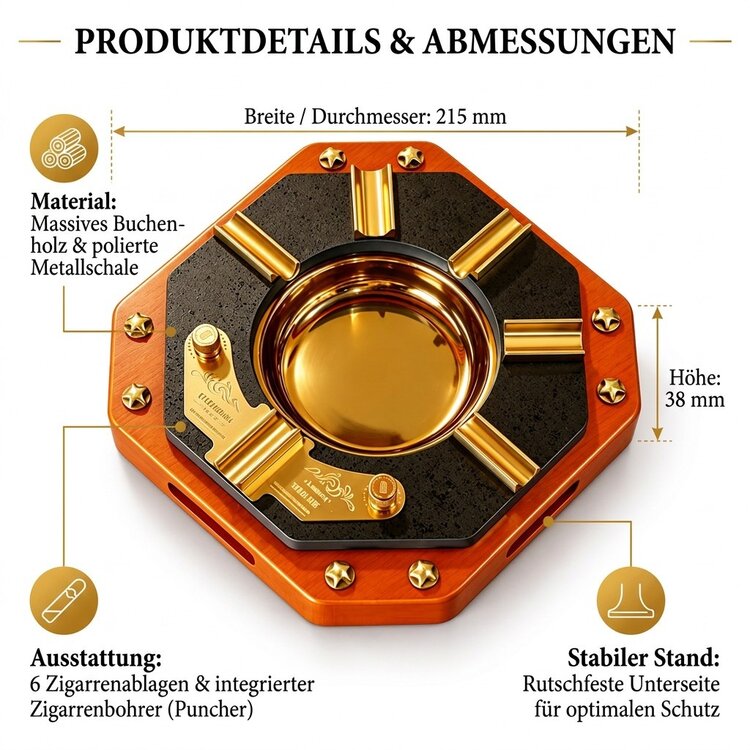 Guevara  RAG-2601 Luxus-Zigarrenaschenbecher mit Bohrer für 6 Zigarren