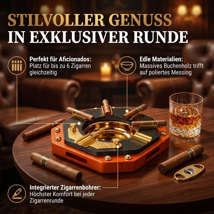 Guevara  RAG-2601 Luxus-Zigarrenaschenbecher mit Bohrer für 6 Zigarren