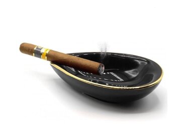 Adorini Leaf Porzellan Zigarren-Aschenbecher Schwarz mit Goldrand
